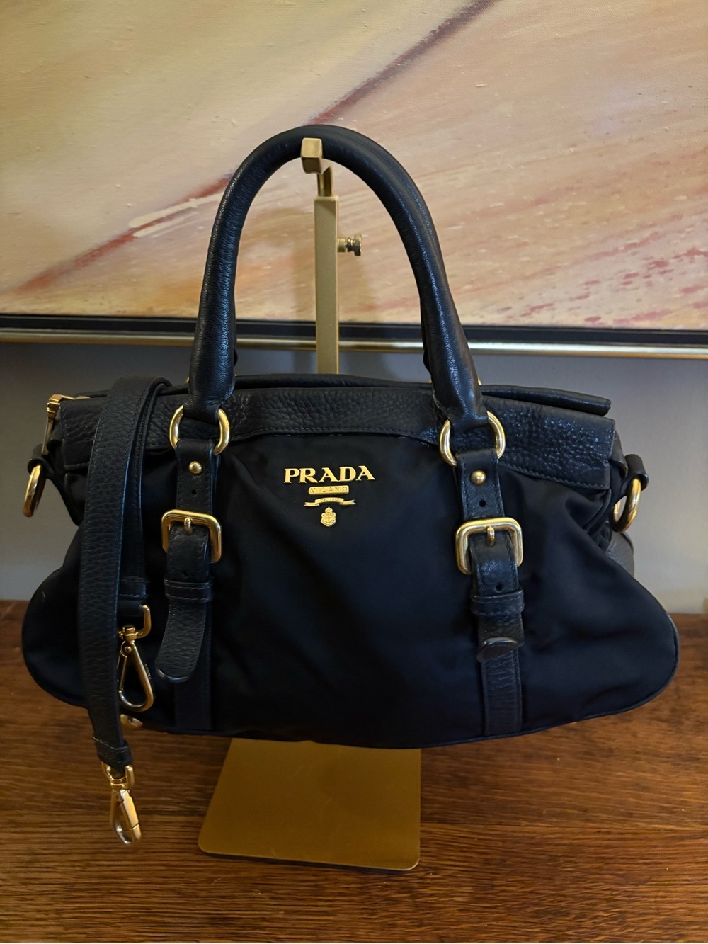 Vintage Prada Tessuto Nylon Leather Two Way Boston Satchel Black